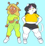  2021 5_fingers absurd_res anthro antlers athletic athletic_female biped black_bottomwear black_clothing black_hair black_shorts blonde_hair blue_background bottomwear buckteeth capreoline cat_tail catti_(deltarune) catty_baby cervid chubby_female clothed clothing cosplay curvy_figure deltarune digital_media_(artwork) domestic_cat duo ear_piercing ear_ring eyebrows eyelashes eyeliner felid feline felis female fingers fist footwear freckles frown fur green_bottomwear green_clothing green_pants green_topwear hair half-closed_eyes hand_on_hip hi_res highlights_(coloring) horn jewelry long_hair looking_aside looking_at_viewer makeup mammal midriff multicolored_clothing narrowed_eyes noelle_holiday open_mouth pants piercing pink_nose pose raised_eyebrow red_nose reindeer shirt shoes short_hair shorts simple_background slightly_chubby smile sneakers standing tan_body tan_fur teeth thick_thighs toonarscontent topwear two_tone_clothing unnamed_cat_(tito_lizzardo) video_games voluptuous whiskers white_body white_clothing white_footwear white_fur white_shoes wide_hips workout_clothing yellow_clothing yellow_sclera yellow_shirt yellow_topwear yoga_pants 