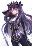 1girl absurdres artist_name black_hair black_ribbon covered_nipples dutch_angle fate/grand_order fate_(series) graphite_(medium) hand_in_hair highres horns ishtar_(fate)_(all) katana long_hair looking_at_viewer multicolored_hair natsujiru red_hair ribbon sheath sheathed solo space_ishtar_(fate) streaked_hair sword traditional_media twintails weapon white_background 