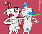  anthro balls bodily_fluids cum cuphead_(character) cuphead_(game) duo ejaculation fingers. genital_fluids genitals humanoid laser male male/male mowub mugman nude penis small_penis straw video_games 