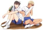  2boys amuro_tooru bangs blonde_hair blue_eyes blue_shorts bottle brown_hair closed_eyes commentary_request gym_shirt gym_shorts hair_between_eyes holding holding_bottle indian_style k_gear_labo kudou_shin&#039;ichi lifted_by_self looking_at_another male_focus meitantei_conan multiple_boys open_mouth shirt shirt_lift shoes short_hair short_sleeves shorts simple_background sitting sneakers socks sweatdrop toned toned_male water_bottle what_if white_background white_footwear white_legwear white_shirt wiping_face 