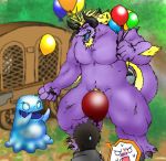  2009 anthro balloon barazoku behemoth_(ff) blue_body blush convenient_censorship eyes_closed final_fantasy humanoid_hands kemono male outside pubes purple_body square_enix unknown_artist video_games 