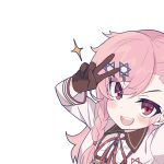  1girl blush braid commentary_request from_above girls_frontline gloves hexagram jingo korean_commentary long_hair long_sleeves looking_at_viewer negev_(girls_frontline) official_alternate_costume open_mouth pink_hair red_eyes self_shot smile solo sparkle star_of_david v white_background younger 