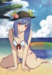  1girl barefoot beach between_legs bikini black_headwear blue_bikini blue_hair blue_sky blush breasts closed_mouth day frilled_bikini frills front-tie_bikini front-tie_top full_body hand_between_legs hat head_tilt highres hinanawi_tenshi ibuki_notsu innertube leaning_forward lens_flare long_hair looking_at_viewer mismatched_bikini navel ocean outdoors red_eyes scan sitting sky small_breasts solo spaghetti_strap summer sun_hat swimsuit touhou wariza white_bikini 