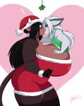  anthro big_breasts blush bovid bovine breasts canid canine cattle christmas christmas_clothing clothing duo female hair hi_res holidays huge_breasts jwinkz kissing male mammal mistletoe plant shaze summer_(jwinkz) 