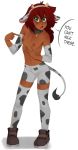  animal_costume animal_ears animal_print bell bell_collar blush breasts collar cow_costume cow_ears cow_horns cow_print dark_skin english_text freckles green_eyes highres horns mal_(malberrybush) malberrybush original pointing pointing_at_self red_hair small_breasts tail 