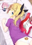  1girl :q animal_print ass bangs bear_panties bear_print black_ribbon blonde_hair blue_eyes blush character_doll closed_mouth commentary_request couch electric_guitar eyebrows_visible_through_hair from_above guitar hair_ornament hair_ribbon hairclip highres indoors instrument kouda_suzu long_hair lying nukui_hayu ochikobore_fruit_tart on_couch on_stomach panties pink_hair print_panties purple_skirt ribbon sakura_ino short_sleeves side_ponytail skirt smile solo tongue tongue_out underwear white_panties x_hair_ornament 