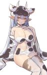  :o absurdres animal_ears animal_print bangs bikini bikini_under_clothes blue_hair blush breasts cleavage cow_ears cow_hat cow_horns cow_print detached_collar detached_sleeves eyebrows_visible_through_hair fake_horns granblue_fantasy hand_on_own_chest highres horns large_breasts long_hair long_sleeves looking_at_viewer navel open_mouth orange_eyes print_bikini print_legwear print_sleeves see-through shatola_(granblue_fantasy) simple_background sitting siu_(siu0207) straight_hair swimsuit thighhighs very_long_hair white_background wide_sleeves 