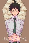  1boy absurdres breast_pocket character_name closed_eyes closed_mouth coffin collared_shirt commentary_request danganronpa_(series) danganronpa_2:_goodbye_despair facing_viewer floral_print flower green_neckwear grey_shirt hands_clasped highres hinata_hajime male_focus necktie own_hands_together pants pin pocket shirt short_sleeves sin11111 solo upper_body 