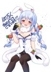  1girl :d alcohol animal_ear_fluff animal_ears artist_name bangs bare_shoulders black_gloves black_legwear black_leotard blue_hair blue_ribbon blush bow braid breasts bunny-shaped_pupils bunny_ears carrot_hair_ornament cleavage commentary_request confetti cup detached_sleeves don-chan_(usada_pekora) dress eyebrows_visible_through_hair feet_out_of_frame food_themed_hair_ornament fur_trim gloves hair_between_eyes hair_bow hair_ornament highres holding holding_cup hololive leg_garter leotard long_hair looking_at_viewer medium_breasts milestone_celebration mixed-language_commentary multicolored_hair nose_blush open_mouth orange_eyes pantyhose pom_pom_(clothes) puffy_short_sleeves puffy_sleeves ribbon sasha_chii short_sleeves sidelocks simple_background sitting smile solo translation_request twin_braids twintails two-tone_hair upper_teeth usada_pekora very_long_hair virtual_youtuber white_background white_bow white_dress white_hair 