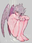  1boy angel_wings bangs barefoot closed_mouth commentary_request completely_nude danganronpa_(series) danganronpa_2:_goodbye_despair feathered_wings full_body green_eyes grey_background grey_hair grey_wings hair_between_eyes highres knees_up komaeda_nagito light looking_at_viewer male_focus messy_hair nipples nude pink_wings sin11111 sitting smile solo wings 