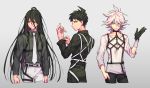  3boys absurdres ahoge alternate_costume arms_at_sides bangs black_hair black_shirt brown_eyes brown_gloves brown_hair brown_pants chest_harness closed_mouth collarbone collared_shirt commentary_request cropped_legs danganronpa_(series) danganronpa_2:_goodbye_despair eyebrows_visible_through_hair from_side gloves green_eyes grey_background grey_hair grey_neckwear hair_between_breasts hair_between_eyes hand_in_pocket hands_up harness highres hinata_hajime kamukura_izuru komaeda_nagito long_hair long_sleeves looking_at_viewer male_focus messy_hair multiple_boys nail_polish necktie o-ring pants red_eyes red_nails serious shirt short_hair sideways_glance simple_background sin11111 smile spiked_hair spoilers upper_body white_background white_shirt 