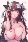  1girl 2021 animal_ears artist_name azur_lane bandaid_hair_ornament bangs bikini blush bow breasts brown_eyes brown_hair character_name cleavage cow_ears cow_girl cow_horns criss-cross_halter eyebrows_visible_through_hair flower grey_background hair_flower hair_ornament halterneck hand_in_hair hand_on_own_chest highres horns kashino_(azur_lane) large_breasts looking_at_viewer parted_lips pink_lips purple_bow solo subong swimsuit upper_body white_bikini white_flower 
