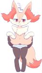  1girl animal_ear_fluff animal_ears animal_nose black_fur blue_panties blush body_fur bow bow_panties braixen closed_mouth clothed_pokemon commentary_request embarrassed fox_ears fox_girl fox_tail full_body furry gen_6_pokemon hands_up lifted_by_self looking_away looking_to_the_side moduckten navel nose_blush panties pigeon-toed pokemon pokemon_(creature) red_eyes red_fur simple_background solo standing striped striped_panties tail translation_request underwear wavy_mouth white_background white_fur yellow_fur 