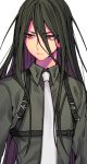  1boy alternate_costume bangs black_hair chest_harness closed_mouth collared_shirt danganronpa_(series) danganronpa_2:_goodbye_despair grey_background grey_neckwear hair_between_eyes harness highres kamukura_izuru long_hair looking_at_viewer male_focus necktie red_eyes shirt simple_background sin11111 solo upper_body white_background 