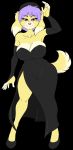  anthro armwear big_breasts black_clothing black_dress breasts canid canine canis cleavage clothed clothing domestic_dog dress elbow_gloves female footwear fur gloves hair handwear hi_res looking_at_viewer mammal purple_hair rook_(skidd) shoes skidd solo yellow_body yellow_fur 