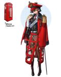  1girl absurdres bangs black_footwear black_hair boots brown_pants coat cross-laced_footwear full_body hand_up highres lace-up_boots long_sleeves looking_at_viewer original pants personification phone_booth red_coat red_eyes rinotuna short_hair smile solo standing 