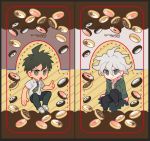  2boys ahoge black_hair breast_pocket brown_footwear brown_hair chibi collarbone commentary_request danganronpa_(series) danganronpa_2:_goodbye_despair doughnut food full_body green_eyes green_jacket green_neckwear grey_eyes hair_between_eyes hinata_hajime index_finger_raised invisible_chair jacket komaeda_nagito long_sleeves looking_at_viewer male_focus messy_hair multiple_boys necktie open_mouth pants pocket shirt shoes short_hair sin11111 sitting smile split_screen white_footwear 