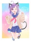  ahoge animal_ears cat_ears cat_tail check_(check_book) commentary_request fang full_body hanayori_jyoshiryou jacket jumping kohigashi_hitona long_sleeves looking_at_viewer one_eye_closed open_mouth purple_eyes purple_hair school_uniform short_hair tail virtual_youtuber 