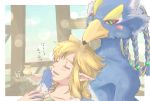  anthro avian beak blonde_hair breath_of_the_wild clothed clothing cuddling duo hair human humanoid humanoid_pointy_ears hylian japanese_text link male male/male mammal nintendo peta_perico revali rito text the_legend_of_zelda topless video_games 