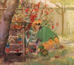  1girl cherubi flower garden gardenia_(pokemon) gardening gen_1_pokemon gen_4_pokemon oddish oil_painting_(medium) petals plant pokemon pokemon_(game) pokemon_dppt potted_plant red_flower shelf traceysketchit tree turtwig 