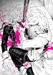  2boys absurdres bangs blood blood_on_face bloody_clothes bloody_hands boy_on_top chain coat collar collarbone commentary_request danganronpa_(series) danganronpa_2:_goodbye_despair danganronpa_another_episode:_ultra_despair_girls death dual_persona hair_over_one_eye highres holding hood hood_down hooded_coat impaled kneeling komaeda_nagito looking_at_viewer lying male_focus metal_collar multiple_boys on_back pants pink_blood polearm shirt shoes sin11111 spear spot_color straddling striped striped_shirt tile_floor tiles weapon 