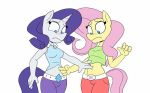  anthro anthrofied belt blue_eyes blush deep_navel duo earth_pony equid equine female female/female fluttershy_(mlp) friendship_is_magic hair horn horse long_tail mammal midriff mutual my_little_pony navel navel_fetish navel_fingering navel_poke nezzux pink_hair pony purple_hair rarity_(mlp) unicorn white_body yellow_body 