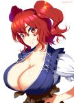  1girl absurdres breasts cleavage cleavage_cutout clothing_cutout commentary_request grin hair_between_eyes hair_bobbles hair_ornament hands_on_hips highres large_breasts long_hair looking_at_viewer mattari_yufi onozuka_komachi red_hair shiny shiny_skin short_sleeves smile solo touhou twintails twitter_username upper_body white_background yellow_eyes 