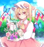  +_+ 1girl absurdres aqua_bow ascot back_bow bangs blonde_hair blurry blurry_background blush bow bug butterfly cage commentary_request crystal day dress expressionless eyebrows_visible_through_hair flandre_scarlet flower hair_between_eyes hat highres holding holding_cage insect long_sleeves looking_at_viewer mob_cap one_side_up outdoors parted_lips pink_bow pink_dress pink_flower pink_rose purple_flower purple_rose red_eyes rose shirt short_hair sitting sky solo star_(symbol) touhou upper_body white_bow white_flower white_headwear white_rose white_shirt wings yellow_neckwear yurui_tuhu 