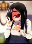  1girl ahoge black_hair blurry blurry_background blush cake cake_slice closed_mouth dated depth_of_field fingernails food fruit hand_up head_tilt high-waist_skirt highres holding letterboxed long_hair long_sleeves looking_at_viewer muku-chan_(muroku) muroku_(aimichiyo0526) original red_eyes ribbed_sweater signature skirt smile solo strawberry strawberry_shortcake suspender_skirt suspenders sweater tray v white_sweater x_x 
