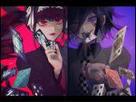  1boy 1girl alternate_costume bangs black_hair black_jacket black_nails card celestia_ludenberg checkered checkered_neckwear commentary_request danganronpa:_trigger_happy_havoc danganronpa_(series) danganronpa_v3:_killing_harmony drill_hair earrings eyebrows_visible_through_hair gothic_lolita gradient_hair hair_between_eyes holding holding_card jacket jewelry joh_pierrot lips lipstick lolita_fashion long_hair long_sleeves makeup mouth_hold multicolored_hair necktie ouma_kokichi parted_lips playing_card purple_background purple_eyes purple_hair red_background red_eyes red_neckwear sidelocks signature simple_background twin_drills twintails upper_body 
