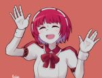  1girl anlan artist_name blush bow closed_eyes dorothy_haze hairband multicolored_hair open_mouth palms puffy_short_sleeves puffy_sleeves purple_hair red_background red_hair short_hair short_sleeves two-tone_hair upper_body va-11_hall-a wrist_cuffs 