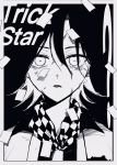  1boy bangs border bruise checkered checkered_neckwear d_i0y danganronpa_(series) danganronpa_v3:_killing_harmony english_text face hair_between_eyes highres injury looking_at_viewer male_focus official_alternate_costume ouma_kokichi parted_lips portrait short_hair solo white_border 