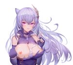  1girl :d absurdres bangs breasts choker closed_mouth dress fingerless_gloves genshin_impact gloves hair_between_eyes hair_ornament highres huge_filesize index_finger_raised jinjide_shaonian keqing large_breasts long_hair looking_at_viewer nipples no_bra open_mouth pink_eyes purple_choker purple_gloves purple_hair simple_background smile solo torn_clothes torn_dress upper_body white_background 