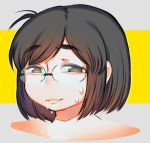  1girl antenna_hair brown_hair closed_mouth completely_nude cropped_torso dated glasses highres looking_at_viewer medium_hair muroku_(aimichiyo0526) no_nose nude original outline portrait round_eyewear signature smile solo suggestive_fluid sweat white_outline yellow_background 