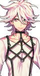  1boy alternate_costume bangs chest_harness closed_mouth collarbone commentary_request danganronpa_(series) danganronpa_2:_goodbye_despair eyebrows_visible_through_hair grey_background grey_hair hair_between_breasts hair_between_eyes harness highres komaeda_nagito looking_at_viewer male_focus messy_hair o-ring shirt sideways_glance simple_background sin11111 smile solo upper_body white_background white_shirt 