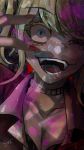  1girl :d bangs black_bra black_shirt bra breasts choker cleavage close-up collarbone commentary_request danganronpa:_trigger_happy_havoc danganronpa_(series) enoshima_junko face hair_between_eyes half-closed_eye hand_up highres joh_pierrot long_hair looking_at_viewer open_mouth pink_blood red_nails shirt signature smile solo staring teeth twintails underwear upper_body 