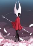  1girl absurdres cloak commentary facing_viewer full_body highres holding hollow_eyes hollow_knight hornet_(hollow_knight) horns looking_at_viewer needle petals polearm pudgeruffian red_cloak solo spear standing weapon 