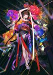  1girl abstract armpits bare_arms bare_legs bare_shoulders black_hair black_kimono blue_eyes breasts colorful detached_collar flower full_body fuzichoco hadanugi_dousa hair_ornament hairclip highres holding holding_sword holding_weapon japanese_clothes katana kimono long_hair long_sleeves looking_at_viewer medium_breasts multicolored_hair nail_polish obi original parted_lips platform_footwear purple_nails rose sash solo streaked_hair sword twintails very_long_hair weapon wide_sleeves zouri 