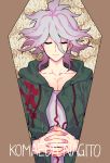  1boy absurdres bangs character_name closed_eyes closed_mouth coffin collarbone commentary_request danganronpa_(series) danganronpa_2:_goodbye_despair facing_viewer floral_print flower green_jacket grey_shirt hair_between_eyes hands_clasped highres hood hood_down hooded_jacket jacket komaeda_nagito male_focus open_clothes own_hands_together print_shirt shirt sin11111 smile solo upper_body 