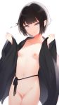  1girl areolae bangs bar_censor black_hair blue_eyes blush breasts censored closed_mouth collarbone commentary_request cowboy_shot eyebrows_visible_through_hair japanese_clothes kimono long_sleeves looking_at_viewer naked_kimono navel nipples open_clothes open_kimono original otokuyou pointy_ears pussy short_hair simple_background small_breasts solo white_background wide_sleeves 