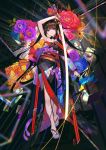  1girl abstract armpits bare_arms bare_legs bare_shoulders black_hair black_kimono blue_eyes breasts colorful detached_collar flower full_body fuzichoco hadanugi_dousa hair_ornament hairclip highres holding holding_sword holding_weapon japanese_clothes katana kimono long_hair long_sleeves looking_at_viewer medium_breasts multicolored_hair nail_polish obi original parted_lips platform_footwear purple_nails rose sash solo streaked_hair sword twintails very_long_hair weapon wide_sleeves zouri 