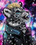  2021 anthro black_spots blonde_hair blue_eyes clothed clothing digital_media_(artwork) felid flashw fur grey_body grey_fur hair male mammal open_mouth pantherine smile snow_leopard spots spotted_body spotted_fur teeth tongue 
