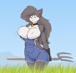  anthro bell bell_collar big_breasts biped black_eyes black_gloves breasts cleavage cleavage_overflow clothed clothing collar countershading curvaceous curvy_figure day domestic_cat felid feline felis female front_view fur gloves grass grey_body grey_fur grey_hair hair handwear hi_res holding_object huge_breasts long_hair mammal monotone_hair mountain multicolored_body multicolored_fur naturally_censored nipple_tuft noki_(hexteknik) outside overalls overalls_only pitchfork plant sky solo standing starfighter tools tuft two_tone_body two_tone_fur voluptuous white_body white_countershading white_fur wide_hips 