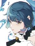  1boy bangs blue_hair close-up earrings eyebrows_visible_through_hair frilled_shirt_collar frills genshin_impact highres honlo jewelry looking_at_viewer male_focus open_mouth short_hair simple_background single_earring solo tassel tassel_earrings water white_background xingqiu_(genshin_impact) yellow_eyes 