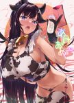  1girl amasora_taichi animal_ears bell bell_choker black_gloves black_hair blue_eyes blush breasts choker cleavage commentary_request cow_ears cow_horns gloves horns large_breasts long_hair looking_at_viewer milk navel open_mouth original solo thighhighs white_legwear yellow_choker 
