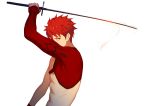  1boy emiya_shirou fate/grand_order fate_(series) from_side holding holding_sword holding_weapon igote katana limited/zero_over looking_at_viewer male_focus orange_eyes pisu pose red_hair sengo_muramasa_(fate) simple_background solo sword upper_body weapon white_background wristband 