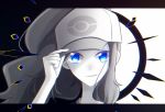  1girl adjusting_clothes adjusting_headwear baseball_cap blue_eyes chromatic_aberration closed_mouth commentary_request face hand_up happy hat highres hilda_(pokemon) iogi_(iogi_k) jpeg_artifacts long_hair looking_at_viewer monochrome poke_ball_symbol poke_ball_theme pokemon pokemon_(game) pokemon_bw sidelocks smile solo spot_color 
