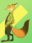  2020 3:4 anthro barefoot bottomwear canid canine clothed clothing dipstick_ears dipstick_tail disney fox fully_clothed fur gloves_(marking) green_background grin hi_res male mammal marema_kishin markings multicolored_ears multicolored_tail necktie nick_wilde orange_body orange_fur pants red_fox shirt signature simple_background smile solo standing topwear yellow_background zootopia 