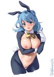  1girl animal_ears bar_censor blue_eyes blue_hair blush breasts bunny_ears censored cleavage cropped_legs detached_collar double_bun ebifurya eyebrows_visible_through_hair fake_animal_ears gloves groin highres kantai_collection large_breasts medium_hair navel nipples open_mouth pubic_hair simple_background solo twitter_username urakaze_(kantai_collection) white_background white_gloves 