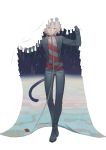  1boy bangs black_footwear black_jacket black_pants cat_boy cat_tail chain chained closed_mouth collar collarbone commentary_request crossed_legs danganronpa_(series) danganronpa_another_episode:_ultra_despair_girls grey_hair hair_between_eyes half-closed_eyes hands_up holding jacket komaeda_nagito leaf lifting long_sleeves looking_at_viewer mai_ji_xiao_xiong male_focus metal_collar official_alternate_costume pants shirt shoes short_hair smile solo standing striped striped_shirt tail watson_cross white_background 